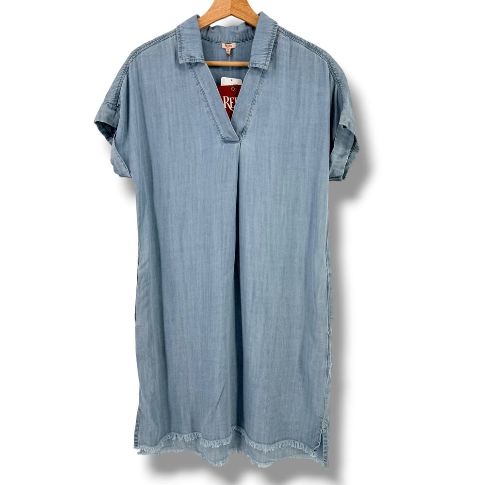 Reba Chambray Shirt Dress Womens Sz M Frayed Hem Pockets Tencel Lyocell